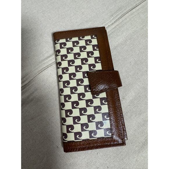 Vintage Pierre Cardin Checkbook Wallet Mens Brown Calfskin Geometric Pattern - Picture 1 of 10